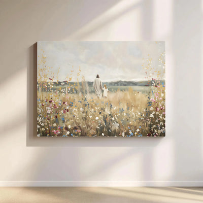 Jesus Walking With Child Canvas Print | Religious Wildflower Field Wall Art | Premium 1.25-inch Gallery Wrap | Inspirational Christian Gift for Home