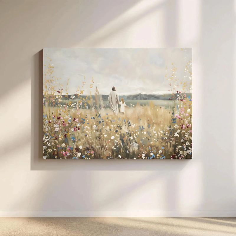 Jesus Walking With Child Canvas Print | Religious Wildflower Field Wall Art | Premium 1.25-inch Gallery Wrap | Inspirational Christian Gift for Home