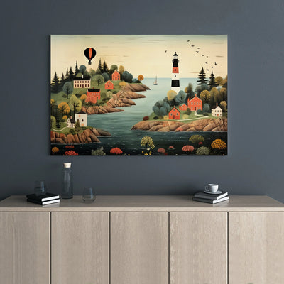 Coastal Village Canvas Wall Art | Folk Art Lighthouse Landscape with Hot Air Balloon | Premium 1.25” Gallery Wrap | Nautical Home Decor for Living Room