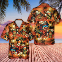 Pirate Hawaiian Shirt | Funny Cat Shark Parrot Tiki Mask Sunset Print | Wrinkle-Resistant Woven Polyester | Unique Beach Vacation Gift for Men