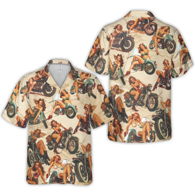 Vintage Biker Pin-Up Hawaiian Shirt | Retro Motorcycle Graphic Print | Durable Woven Polyester | Fun Gift for Motorcycle Enthusiasts
