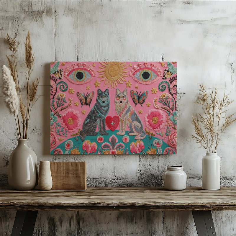 Two Wolves Wall Art | Bohemian Spiritual Heart & Evil Eye Decor | Premium Gallery Wrap Canvas | Unique Gift For Nature Lovers