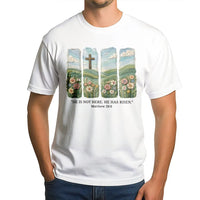 He Is Risen T-Shirt | Matthew 28:6 Floral Cross Embroidery Style Graphic | 100% Cotton Premium Tee | Easter Sunday Religious Gift for Christians