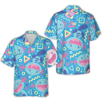 Retro 90s Gaming Pattern Hawaiian Shirt | Vibrant Blue Axolotl Character Print | Lightweight Breathable Polyester | Fun Summer Gift for Gamers