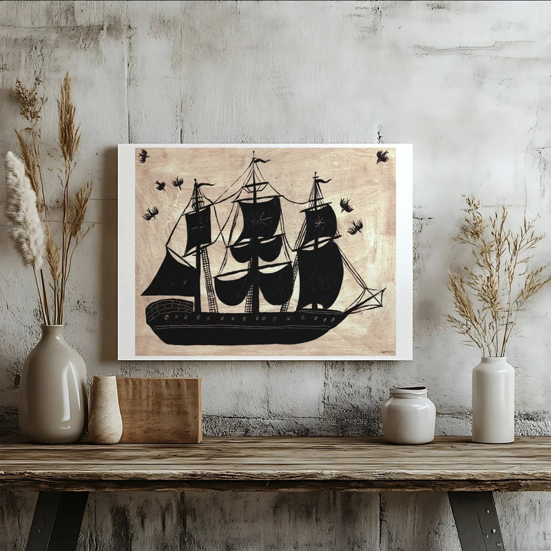 Nautical Tall Ship Canvas Wall Art | Vintage Woodblock Print Style | 1.25-Inch Gallery Wrap | Coastal Home Office Decor Gift