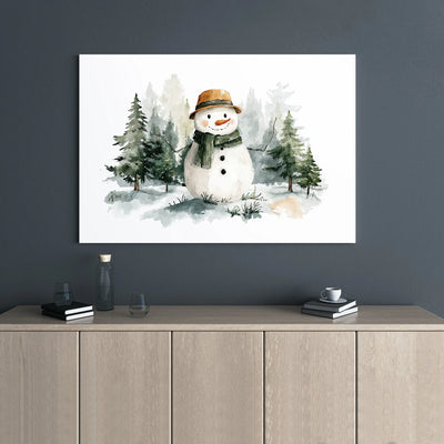 Watercolor Snowman Wall Art | Winter Forest Christmas Canvas Print | Premium Gallery Wrap Decor | Holiday Seasonal Gift for Home