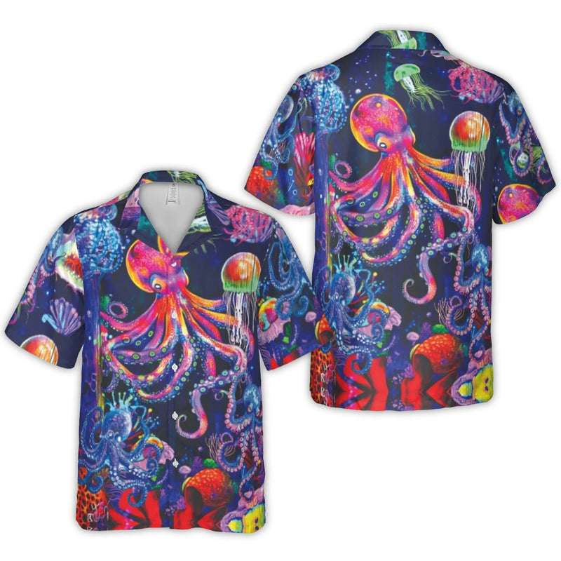 Psychedelic Octopus Hawaiian Shirt | Neon Ocean Life Underwater Print | Lightweight Woven Polyester | Gift for Tropical Beach Vacation