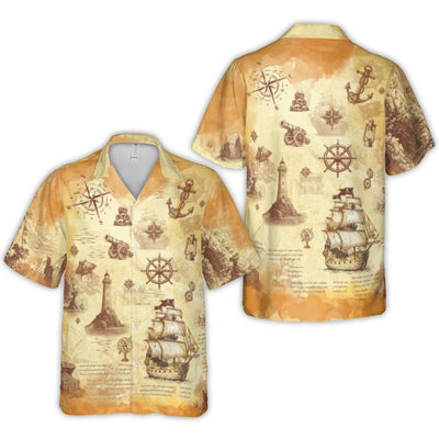 Pirate Treasure Map Hawaiian Shirt | Vintage Nautical Print Ship & Compass Design | Breathable Polyester Fabric | Unique Summer Gift for Men
