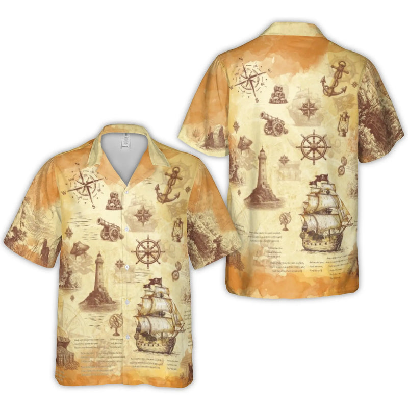 Pirate Treasure Map Hawaiian Shirt | Vintage Nautical Print Ship & Compass Design | Breathable Polyester Fabric | Unique Summer Gift for Men