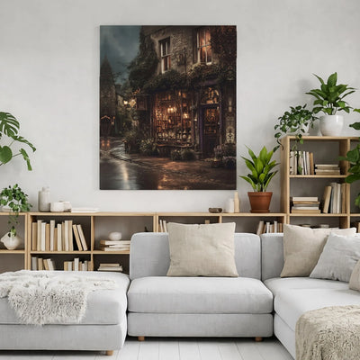 Magical Bookshop Canvas Wall Art | Rainy Old-World Street Scene | Premium Gallery Wrap Print | Whimsical Home Decor Gift