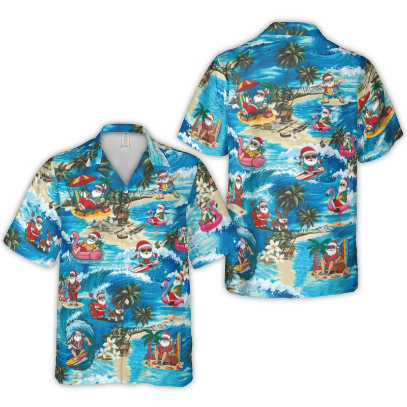 Surfing Santa Hawaiian Shirt | Tropical Christmas Beach Print | Lightweight Woven Polyester | Fun Holiday Gift For Men