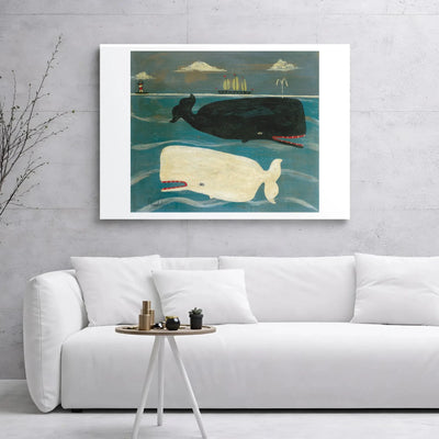 Whale Wall Art Canvas | Folk Art Black and White Sperm Whale Nautical Print | Premium 1.25 Inch Gallery Wrap | Coastal Home Decor for Ocean Lovers